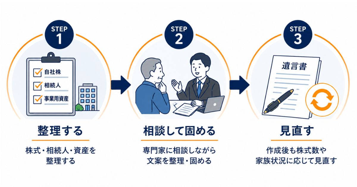 事業承継の遺言書を作成するステップのイメージ画像
