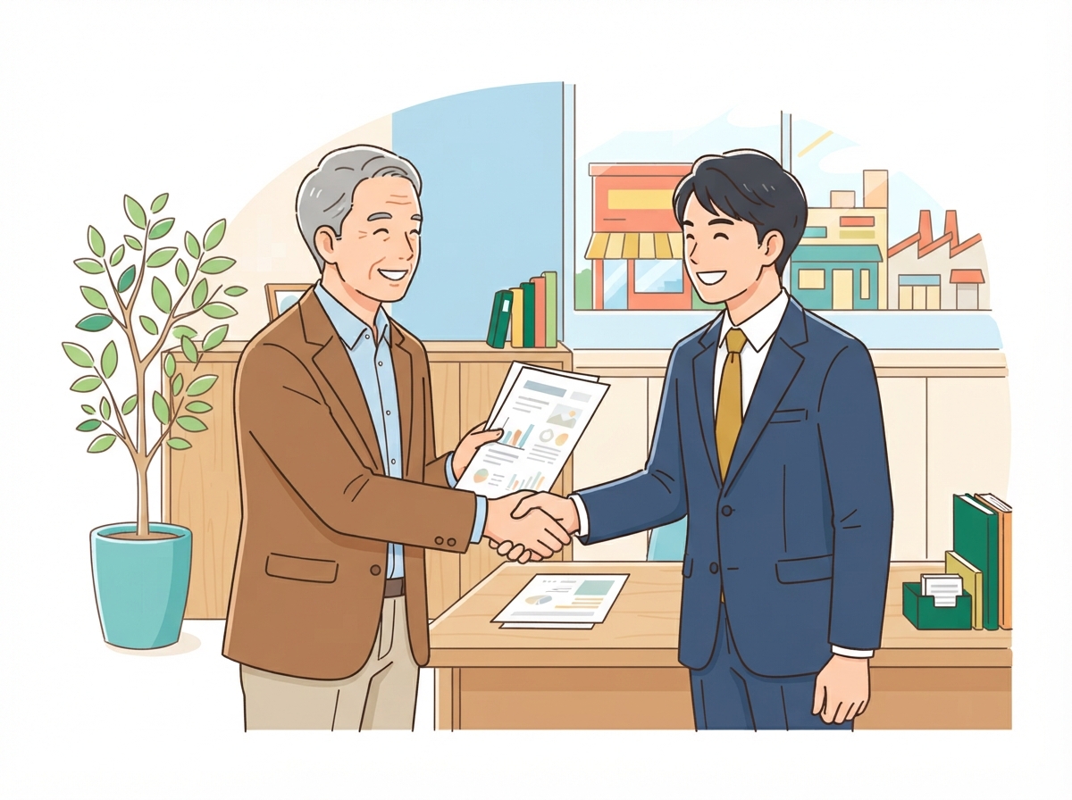 経営者と後継者が明るい事務所で握手する様子のイメージ
