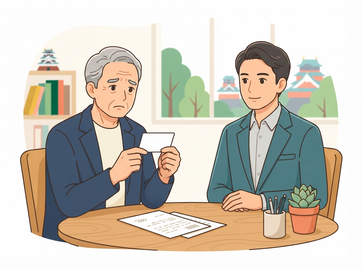 一枚の名刺を手に、困った表情で考え込む年配の経営者と、隣で静かに話を聞く相談相手