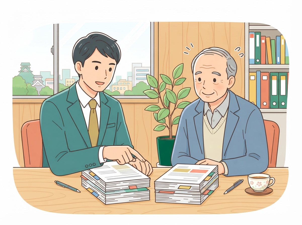机に二つの書類の束を並べ、違いを指さして経営者に説明する弁護士