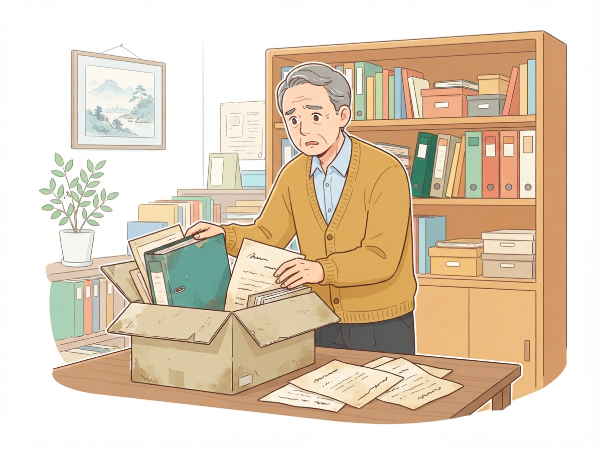 古い書類の入った段ボール箱を前に、昔の資料を探す年配の経営者