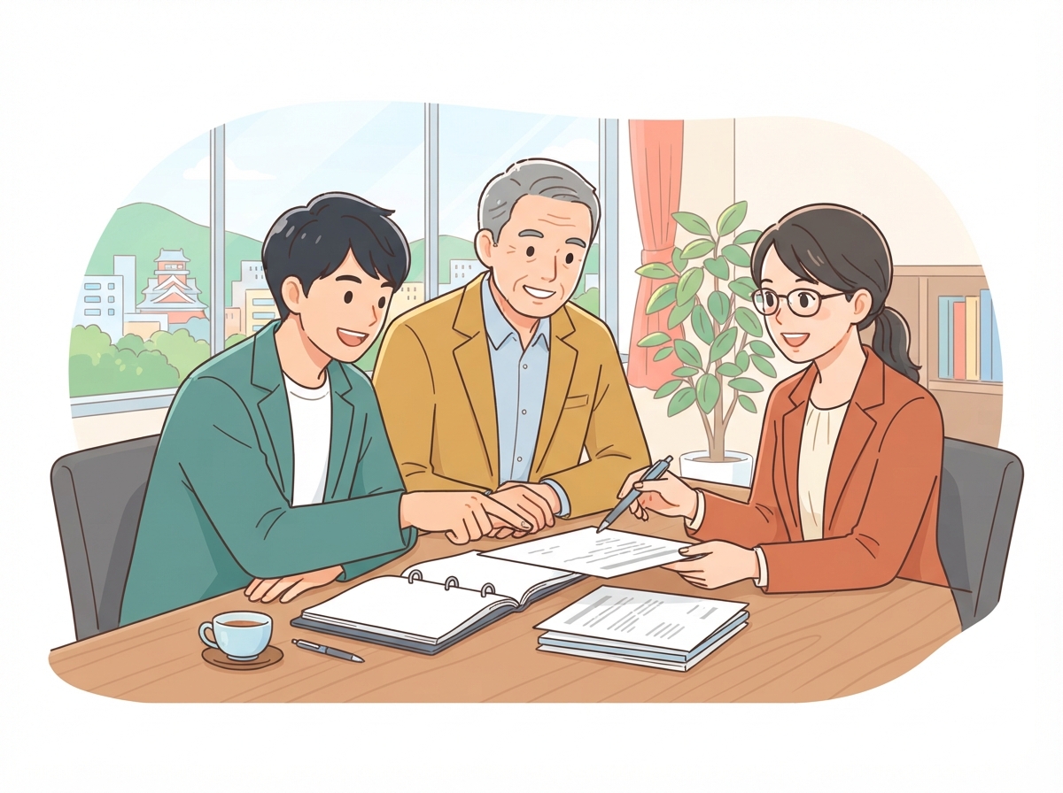 売り手の経営者と買い手の経営者と専門家が同じ資料を一緒に見ながら話し合う場面