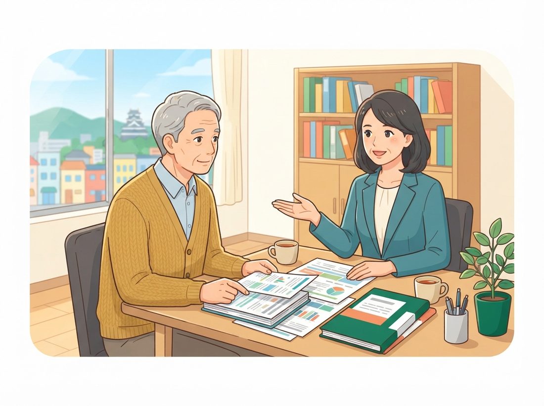 決算書を広げた年配の経営者が、向かいに座った弁護士に説明を受けている様子のイラスト