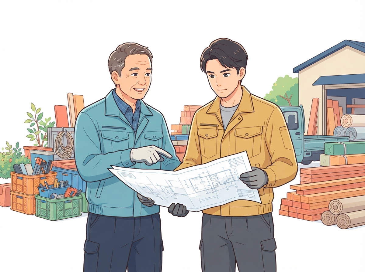 作業着の年配の経営者が、若い社員に図面を見せて現場の段取りを教えているイラスト