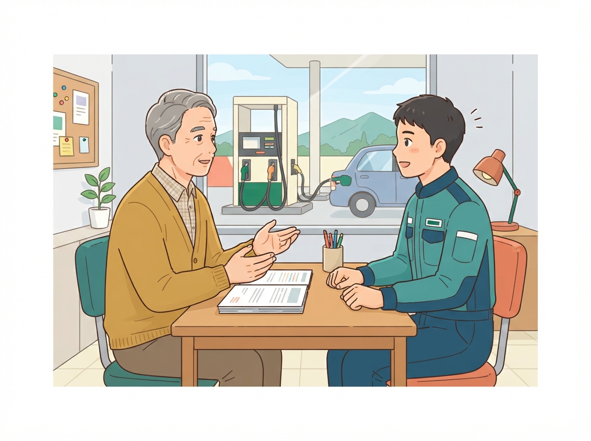 年配の経営者が給油所の事務所で作業着姿の社員と向き合って話しているイラスト