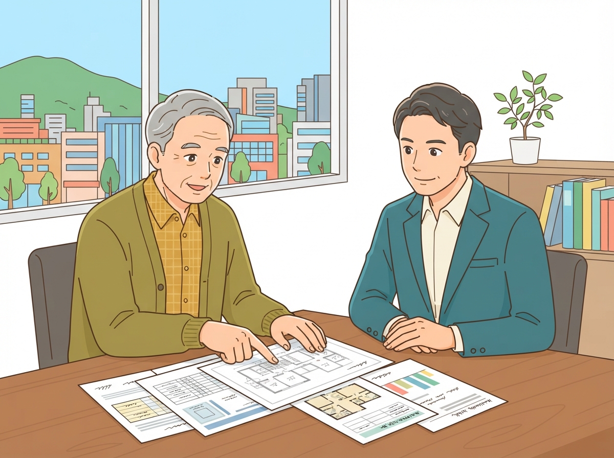 年配の経営者が設備の点検記録や図面を指さしながら相談相手に説明しているイラスト