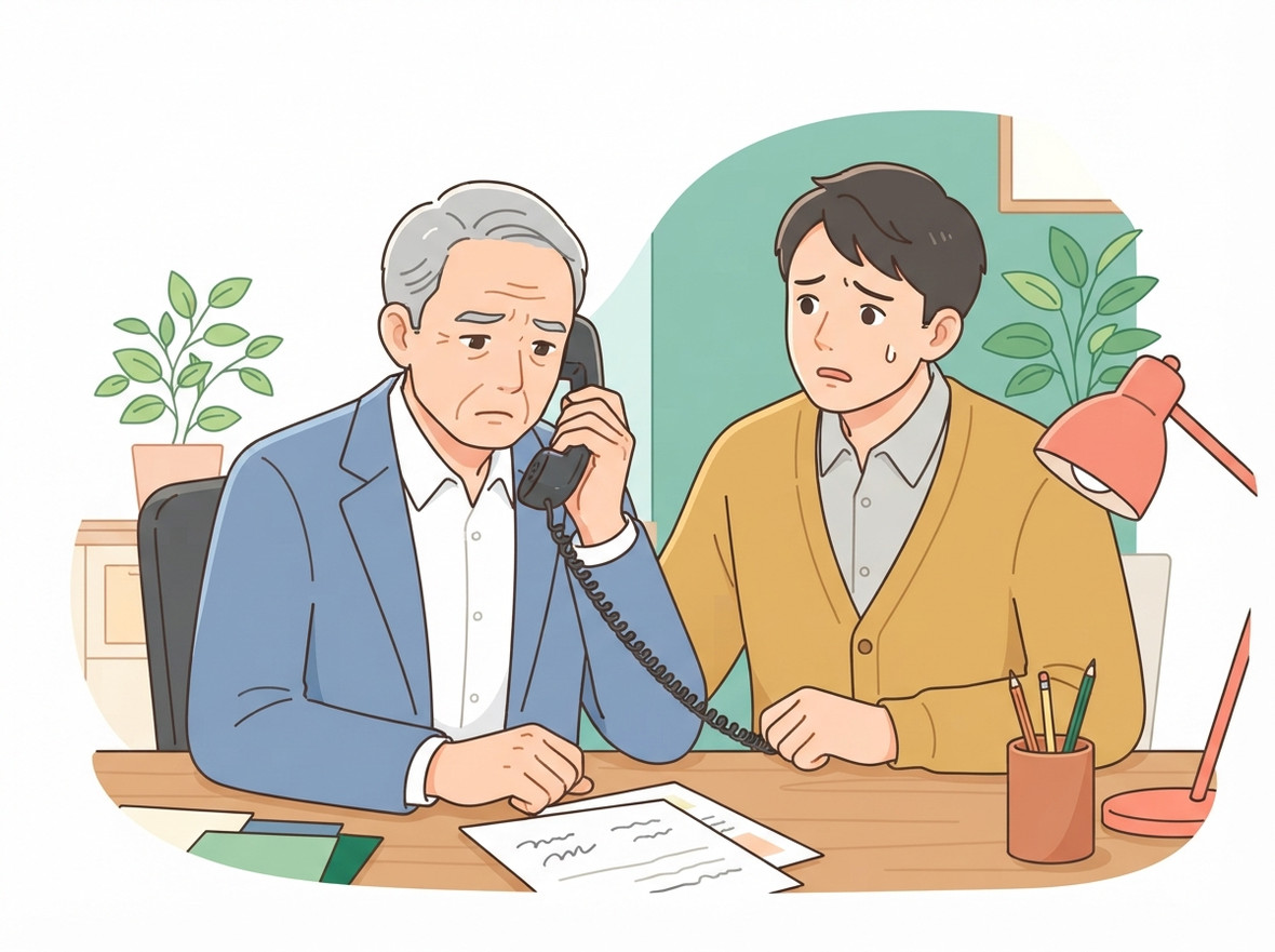 事務所の机で受話器を握り、深刻な表情でうつむく年配の経営者と、心配そうに見守る若い職員