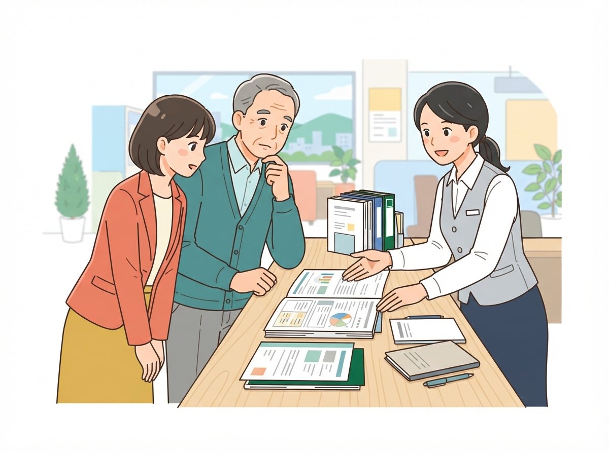 役所の窓口で書類を広げ、担当者から手続の説明を受ける承継後の経営者と職員