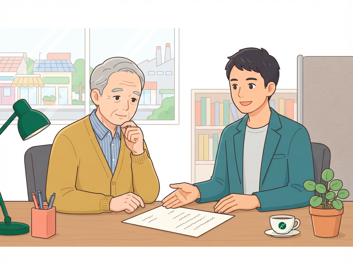 年配の経営者が机をはさんで相談相手と向き合い、差し出された書面を前に考え込んでいるイラスト