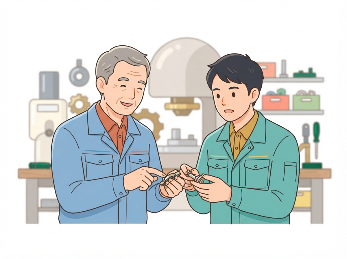 工場の作業場でベテランの従業員と若い従業員が手元の部品を見ながら話しているイラスト
