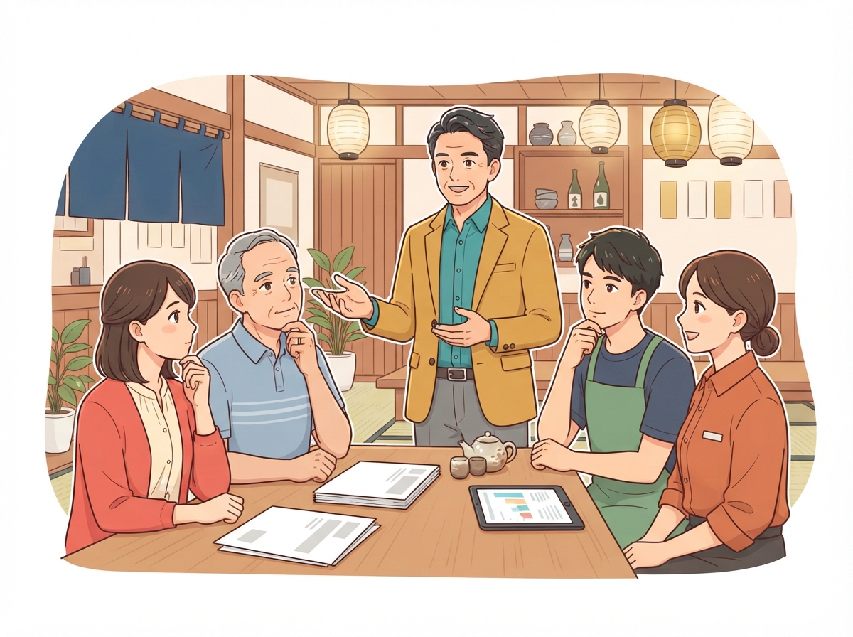 新しい経営者が従業員に向けて説明をしている場面のイラスト