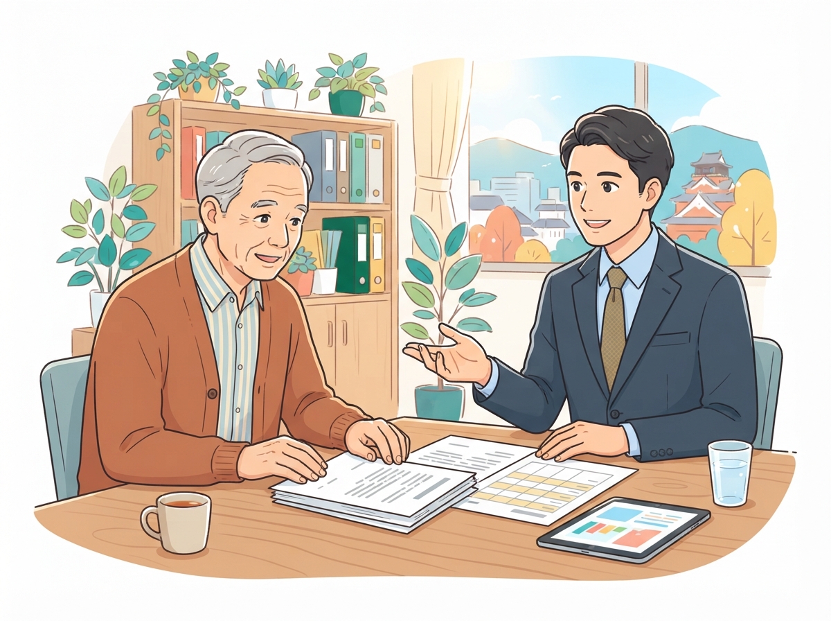 年配の飲食店経営者が、シフト表と契約書を前に弁護士と相談しているイラスト