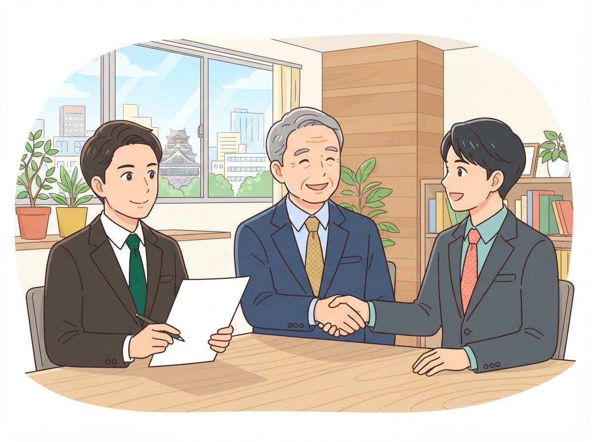 経営者と後継者候補が事務所で明るく握手し、弁護士が見守る様子